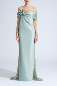 HerTrove-Off Shoulder Gown With Assymetrical Sequin Draping