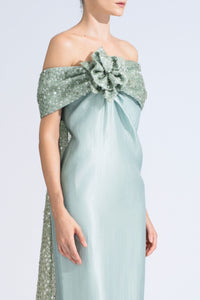 HerTrove-Off Shoulder Gown With Assymetrical Sequin Draping
