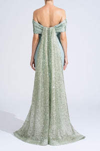 HerTrove-Off Shoulder Gown With Assymetrical Sequin Draping