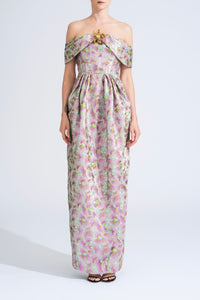 HerTrove-Off shoulder floral brocade dress