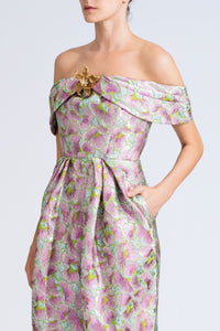 HerTrove-Off shoulder floral brocade dress
