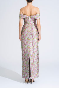 HerTrove-Off shoulder floral brocade dress