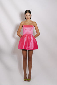duchess satin short dress MissPap Women's Duchess Satin Square Neckline Dipped Waist Voluminous Mini Dress in Champagne