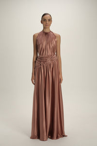 Halter neck silk satin Grecian dress Bronze / FR 38 Halter neck silk satin Grecian dress Bronze / FR 38