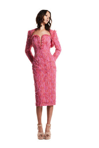 Fringed tweed midi dress with cropped jacket Pink / US 12