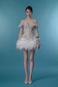 off-the-shoulder corset mini dress Off-Shoulder Corset Mini Dress with Gold Embellishments - Ivoire