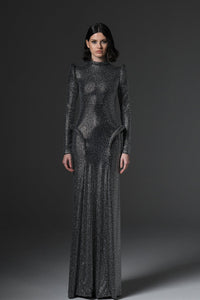 Her Trove-Crystal studded jersey dress with long sleeves