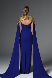 Her Trove-Cape sleeves crepe dress with feathers