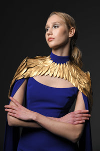 Her Trove-Cape sleeves crepe dress with feathers