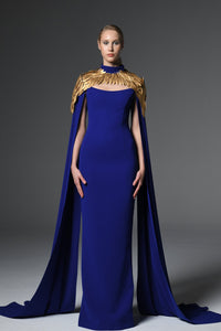 Her Trove-Cape sleeves crepe dress with feathers