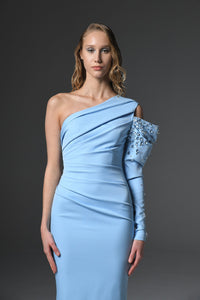 Her Trove-One sleeve asymmetrical neckline crepe dress