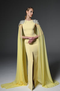 Her Trove-Embroidered crepe dress with chiffon cape