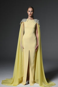 Her Trove-Embroidered crepe dress with chiffon cape