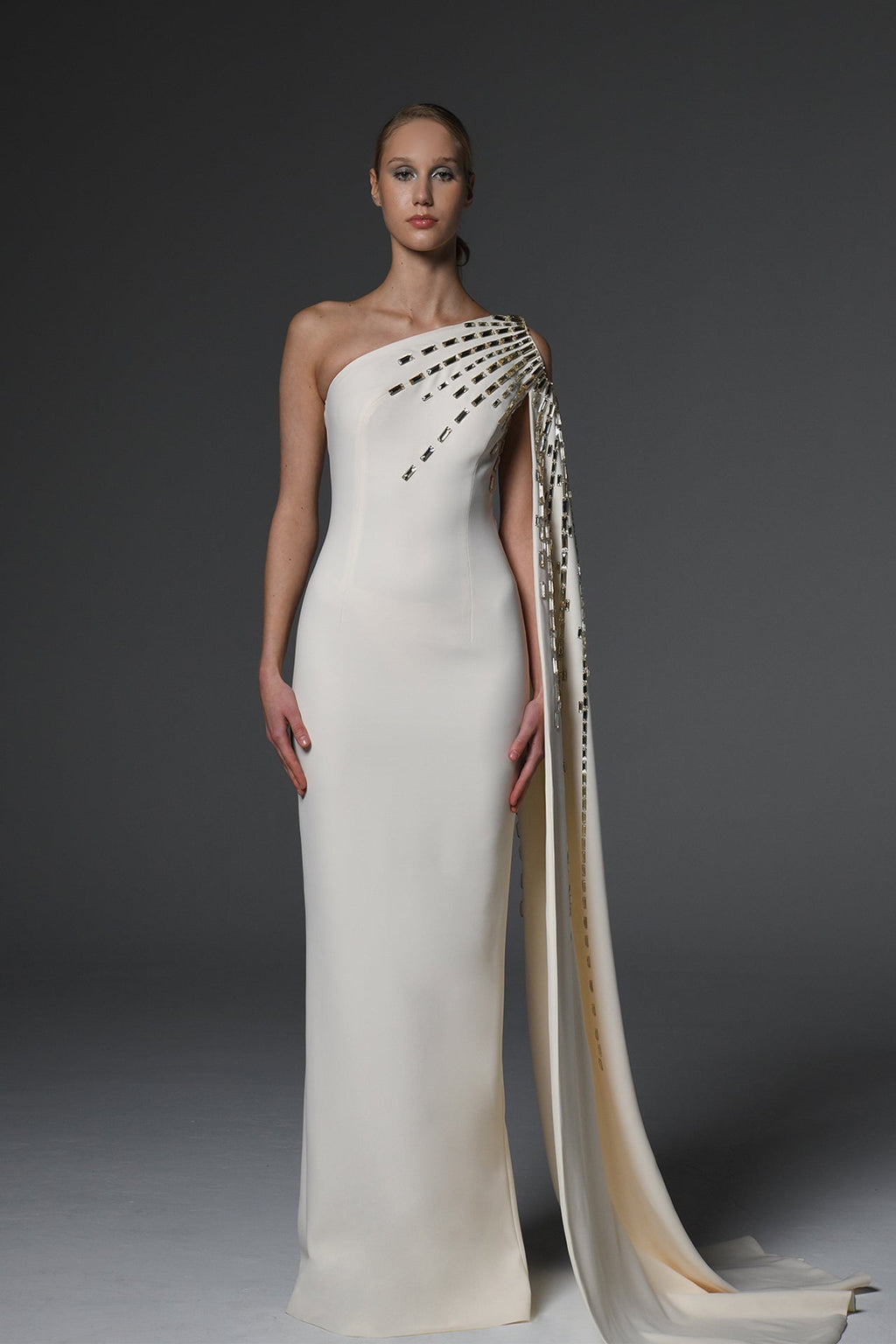 Asymmetric crepe dress with baguette embroidery
