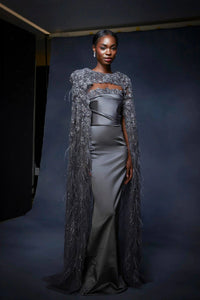 Her Trove-Satin emroidered dress with cape