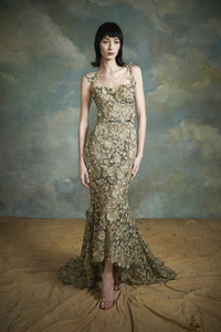 muse by marchesa hydrangea a-line sweetheart neckline linen blend dress Floral Print Mesh Sweetheart A Line Dress with Side Slit