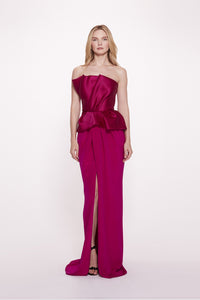 marchesa peplum dress Strapless satin peplum gown with draped bodice and crepe slit skirt