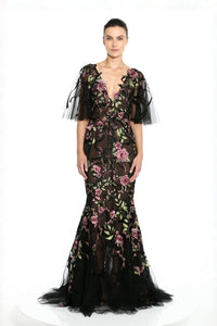 marchesa black lace dress Marchesa Notte Tiered Ruffle-Trim Lace Column Gown