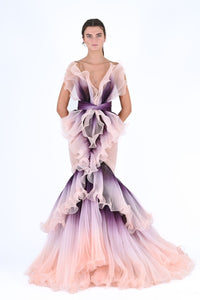ombre mermaid dress White silk crpe dress with a dramatic ombr mermaid tail in rippling silk organza