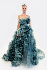 marchesa ruffled cocktail dress Illusion Murals Long Sleeve Corset Embellished Cocktail Maxi Dress