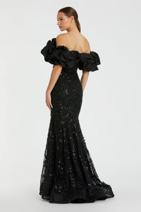 HerTrove-Off-Shoulder Sequin Gown with Ruffled Sleeves