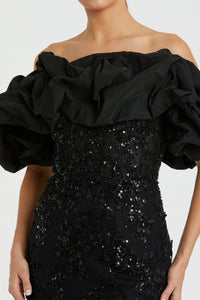 HerTrove-Off-Shoulder Sequin Gown with Ruffled Sleeves