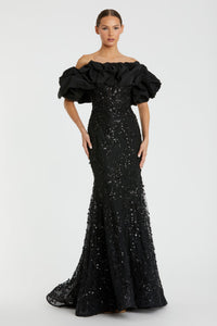 HerTrove-Off-Shoulder Sequin Gown with Ruffled Sleeves