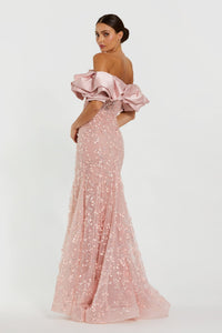 HerTrove-Off-Shoulder Satin Ruffle Gown with Floral Embroidery
