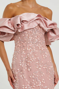 HerTrove-Off-Shoulder Satin Ruffle Gown with Floral Embroidery