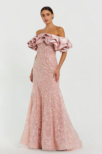 HerTrove-Off-Shoulder Satin Ruffle Gown with Floral Embroidery
