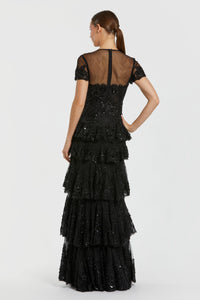 HerTrove-Tiered Sequin Gown with Sheer Sleeves