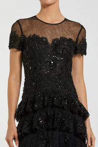 HerTrove-Tiered Sequin Gown with Sheer Sleeves