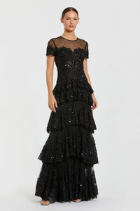 HerTrove-Tiered Sequin Gown with Sheer Sleeves