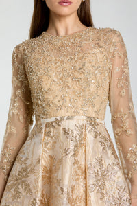 HerTrove-Embroidered Long-Sleeve Ballgown
