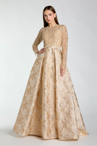 HerTrove-Embroidered Long-Sleeve Ballgown