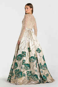 HerTrove-Embroidered Champagne Bodice Gown with Floral Pleated Skirt