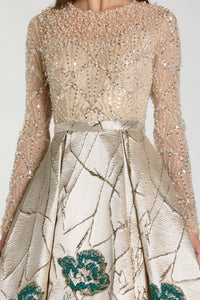 HerTrove-Embroidered Champagne Bodice Gown with Floral Pleated Skirt