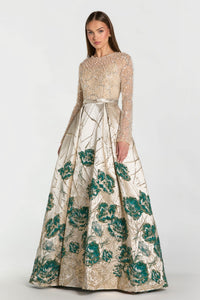 HerTrove-Embroidered Champagne Bodice Gown with Floral Pleated Skirt