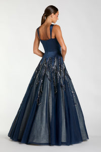HerTrove-Embellished Navy Tulle Gown with Flame Motif