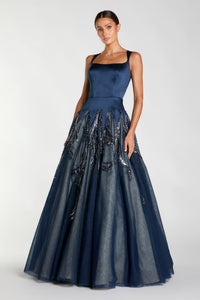 HerTrove-Embellished Navy Tulle Gown with Flame Motif