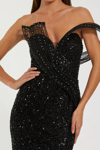 HerTrove-Asymmetrical Sequin Gown with Sweetheart Neckline