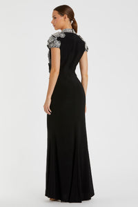 HerTrove-Beaded Chain-Embellished Gown with Short Sleeves
