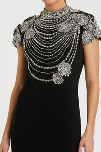 HerTrove-Beaded Chain-Embellished Gown with Short Sleeves