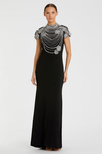 HerTrove-Beaded Chain-Embellished Gown with Short Sleeves