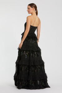 HerTrove-Strapless Tiered Gown with Lace Bodice and Feathered Skirt
