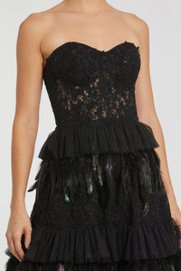 HerTrove-Strapless Tiered Gown with Lace Bodice and Feathered Skirt