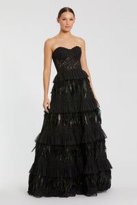 HerTrove-Strapless Tiered Gown with Lace Bodice and Feathered Skirt
