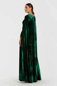 HerTrove-Emerald Velvet Cape Gown with Gold Floral Neckline