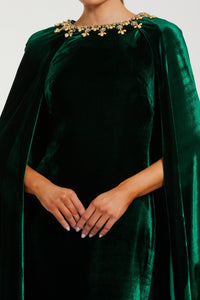 HerTrove-Emerald Velvet Cape Gown with Gold Floral Neckline