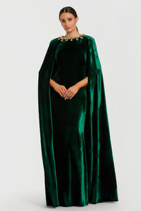 HerTrove-Emerald Velvet Cape Gown with Gold Floral Neckline